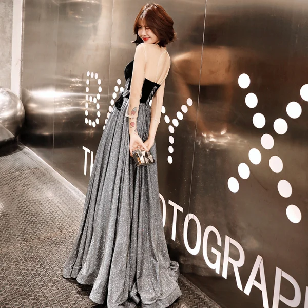 Bling Bling Grey See-through Evening Dresses  2019 A-Line / Princess Scoop Neck 3/4 Sleeve Backless Glitter Polyester Floor-Length / Long Ruffle Formal Dresses