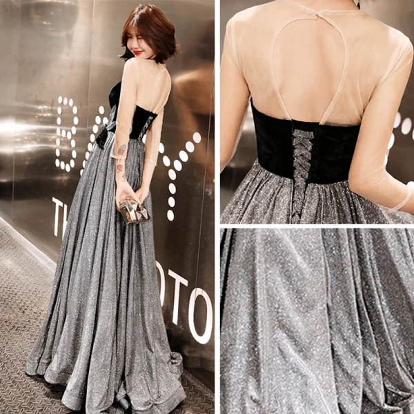 Bling Bling Grey See-through Evening Dresses  2019 A-Line / Princess Scoop Neck 3/4 Sleeve Backless Glitter Polyester Floor-Length / Long Ruffle Formal Dresses