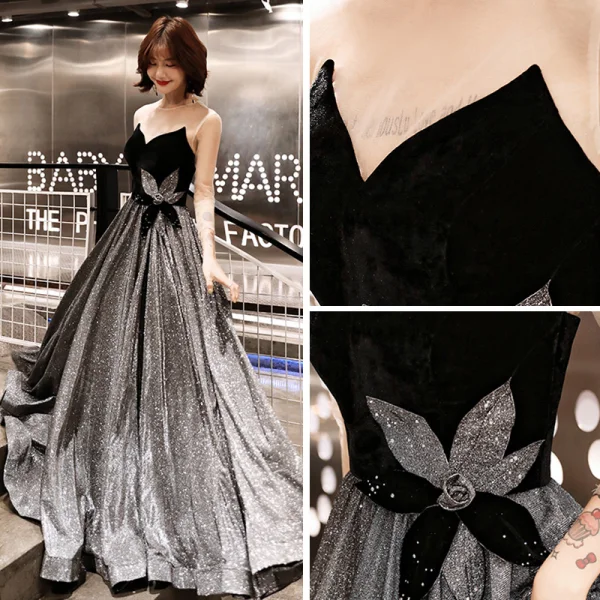 Bling Bling Grey See-through Evening Dresses  2019 A-Line / Princess Scoop Neck 3/4 Sleeve Backless Glitter Polyester Floor-Length / Long Ruffle Formal Dresses