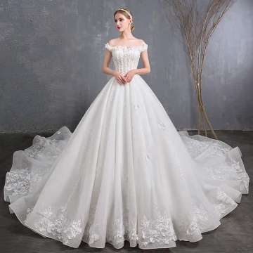 Beste Ivory Creme Brautkleider Hochzeitskleider 2019 A Linie Off Shoulder Kurze Ärmel Rückenfreies Applikationen Spitze Perlenstickerei Kathedrale Schleppe