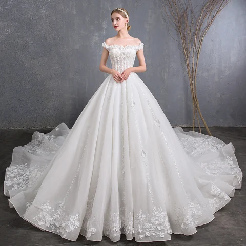 Best Ivory Wedding Dresses 2019 A-Line / Princess Off-The-Shoulder Short Sleeve Backless Appliques Lace Beading Cathedral Train