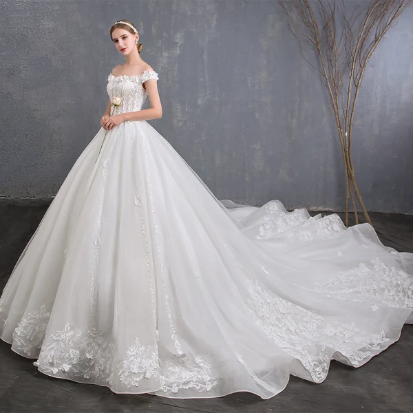 Beste Ivory / Creme Brautkleider / Hochzeitskleider 2019 A Linie Off Shoulder Kurze Ärmel Rückenfreies Applikationen Spitze Perlenstickerei Kathedrale Schleppe