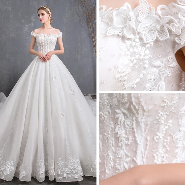 Beste Ivory / Creme Brautkleider / Hochzeitskleider 2019 A Linie Off Shoulder Kurze Ärmel Rückenfreies Applikationen Spitze Perlenstickerei Kathedrale Schleppe