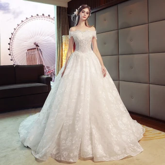 Classy Ivory Lace Wedding Dresses 2019 A Line Princess Off The Shoulder Short Sleeve Backless Pearl Sequins Beading Cathedral Train Ruffle