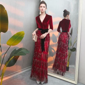 Moderne Mode Bordeaux Daim Robe De Soirée 2019 Trompette Sirène Col V Profond 3 4 Manches Ceinture Perlage Gland Longue Volants Désinvolte Robe De Ceremonie