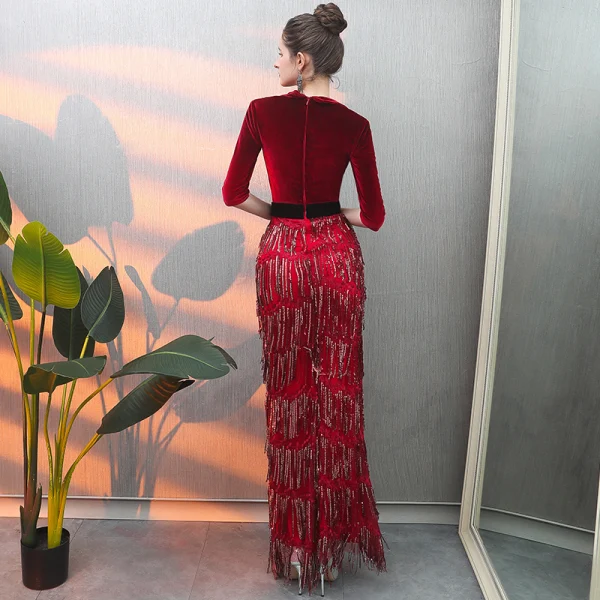 Modern / Fashion Burgundy Suede Evening Dresses 2019 Trumpet / Mermaid Deep V-Neck 3/4 Sleeve Sash Beading Tassel Floor-Length / Long Ruffle Casual Formal Dresses