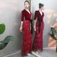 Modern / Fashion Burgundy Suede Evening Dresses  2019 Trumpet / Mermaid Deep V-Neck 3/4 Sleeve Sash Beading Tassel Floor-Length / Long Ruffle Casual Formal Dresses