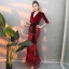 Modern / Fashion Burgundy Suede Evening Dresses  2019 Trumpet / Mermaid Deep V-Neck 3/4 Sleeve Sash Beading Tassel Floor-Length / Long Ruffle Casual Formal Dresses