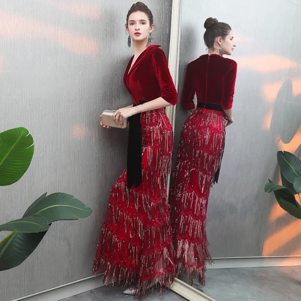 Modern / Fashion Burgundy Suede Evening Dresses 2019 Trumpet / Mermaid Deep V-Neck 3/4 Sleeve Sash Beading Tassel Floor-Length / Long Ruffle Casual Formal Dresses