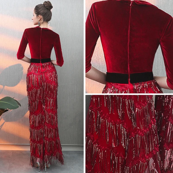 Modern / Fashion Burgundy Suede Evening Dresses 2019 Trumpet / Mermaid Deep V-Neck 3/4 Sleeve Sash Beading Tassel Floor-Length / Long Ruffle Casual Formal Dresses