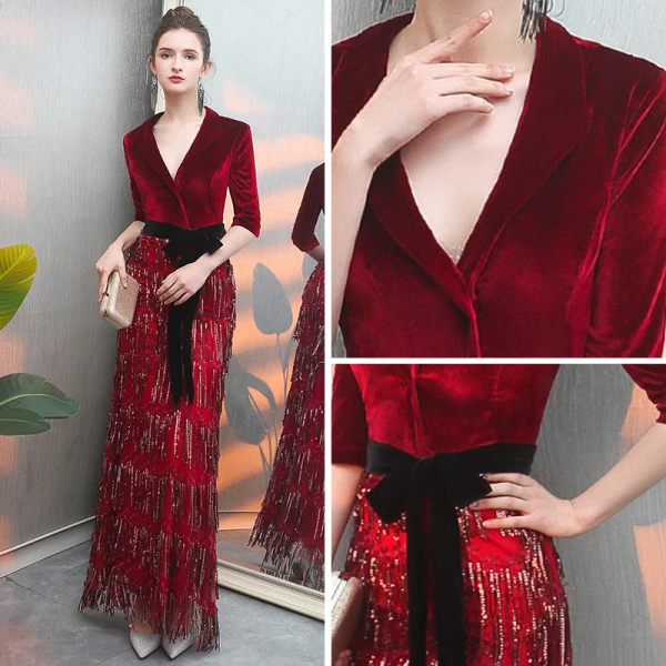 Modern / Fashion Burgundy Suede Evening Dresses 2019 Trumpet / Mermaid Deep V-Neck 3/4 Sleeve Sash Beading Tassel Floor-Length / Long Ruffle Casual Formal Dresses