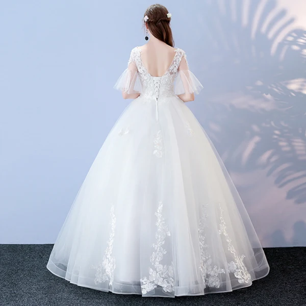 Affordable White Wedding Dresses 2017 Ball Gown V-Neck 1/2 Sleeves Backless Appliques Lace Sequins Pearl Floor-Length / Long