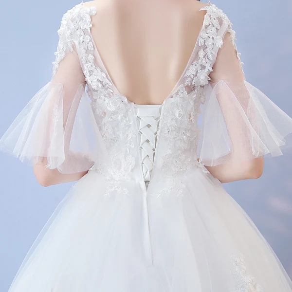 Affordable White Wedding Dresses 2017 Ball Gown V-Neck 1/2 Sleeves Backless Appliques Lace Sequins Pearl Floor-Length / Long