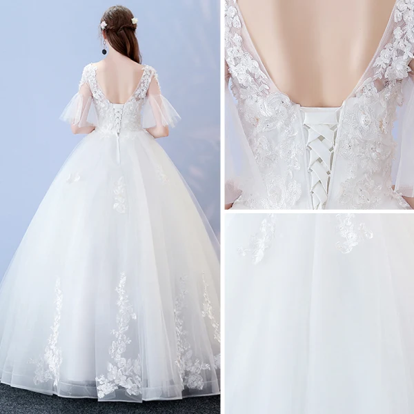 Affordable White Wedding Dresses 2017 Ball Gown V-Neck 1/2 Sleeves Backless Appliques Lace Sequins Pearl Floor-Length / Long