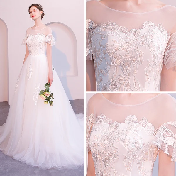 Abordable Ivoire Transparentes Robe De Mariée 2019 Princesse Encolure Dégagée Manches Courtes Dos Nu Appliques En Dentelle Tribunal Train
