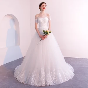 Affordable Ivory See Through Wedding Dresses 2019 A Line Princess Off The Shoulder Short Sleeve Backless Appliques Lace Court Train Ruffle