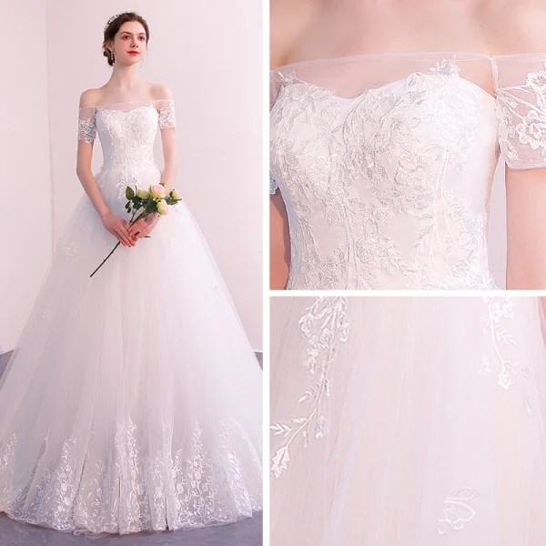 Abordable Ivoire Transparentes Robe De Mariée 2019 Princesse De l'épaule Manches Courtes Dos Nu Appliques En Dentelle Tribunal Train Volants