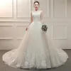 Elegant Ivory Wedding Dresses 2019 A-Line / Princess V-Neck Sleeveless Backless Appliques Lace Beading Glitter Tulle Ruffle Chapel Train