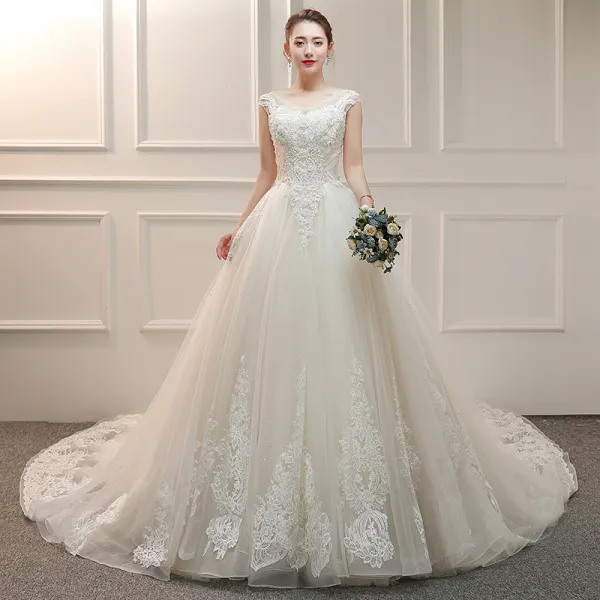 Elegant Ivory Wedding Dresses 2019 A-Line / Princess V-Neck Sleeveless Backless Appliques Lace Beading Glitter Tulle Ruffle Chapel Train