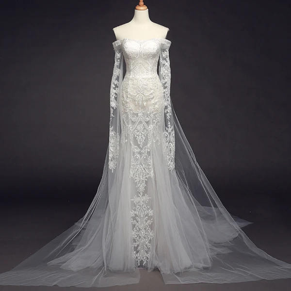 Elegant Ivory Beach Wedding Dresses 2023 Trumpet / Mermaid Off-The-Shoulder Long Sleeve Backless Appliques Lace Court Train Ruffle