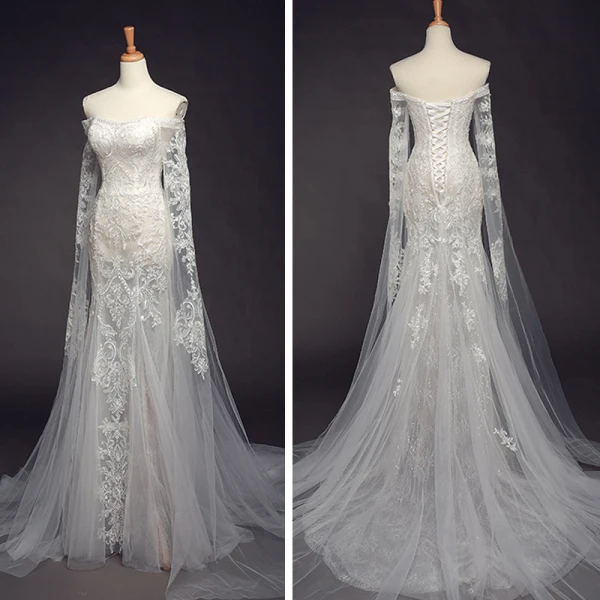Elegant Ivory Beach Wedding Dresses 2023 Trumpet / Mermaid Off-The-Shoulder Long Sleeve Backless Appliques Lace Court Train Ruffle