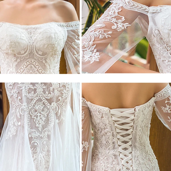 Elegant Ivory Beach Wedding Dresses 2023 Trumpet / Mermaid Off-The-Shoulder Long Sleeve Backless Appliques Lace Court Train Ruffle