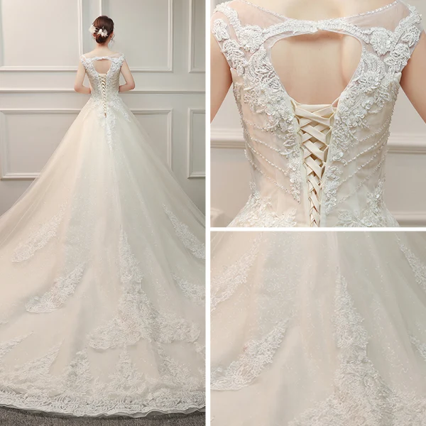 Élégant Ivoire Robe De Mariée 2019 Princesse V-Cou Sans Manches Dos Nu Appliques En Dentelle Perlage Glitter Tulle Volants Chapel Train