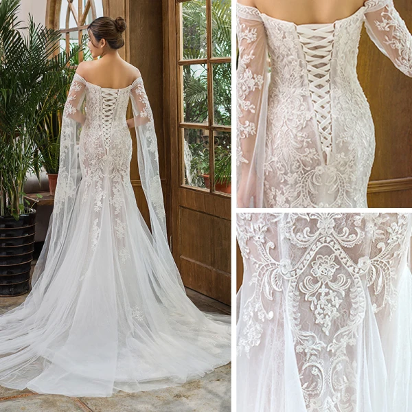 Elegant Ivory Beach Wedding Dresses 2023 Trumpet / Mermaid Off-The-Shoulder Long Sleeve Backless Appliques Lace Court Train Ruffle