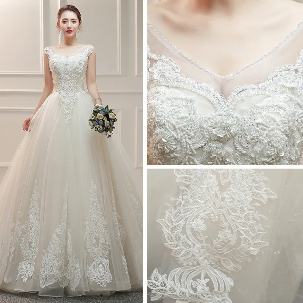 Élégant Ivoire Robe De Mariée 2019 Princesse V-Cou Sans Manches Dos Nu Appliques En Dentelle Perlage Glitter Tulle Volants Chapel Train