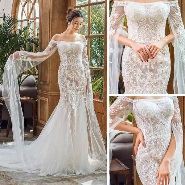 Elegant Ivory Beach Wedding Dresses 2023 Trumpet / Mermaid Off-The-Shoulder Long Sleeve Backless Appliques Lace Court Train Ruffle