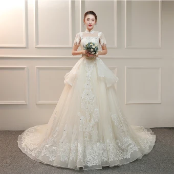 Vintage Originale Ivoire Transparentes Robe De Mariée 2019 Princesse Col Haut Manches Courtes Dos Nu Appliques En Dentelle Perlage Gland Perle Faux Diamant Cathedral Train