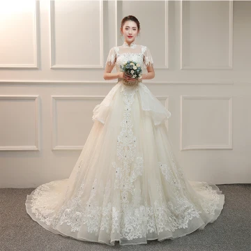 Vintage Retro Ivory See Through Wedding Dresses 2019 A Line Princess High Neck Short Sleeve Backless Appliques Lace Beading Tassel Pearl Rhinestone Cathedral Train
