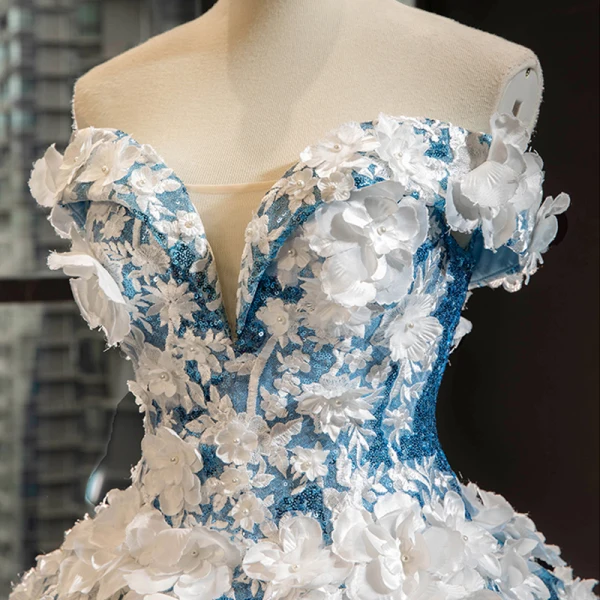 Sparkly Flower Fairy Pool Blue Dancing Prom Dresses 2023 Ball Gown Off-The-Shoulder Short Sleeve Appliques Flower Beading Pearl Floor-Length / Long Ruffle