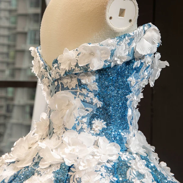 Sparkly Flower Fairy Pool Blue Dancing Prom Dresses 2023 Ball Gown Off-The-Shoulder Short Sleeve Appliques Flower Beading Pearl Floor-Length / Long Ruffle