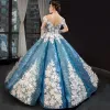 Sparkly Flower Fairy Pool Blue Dancing Prom Dresses 2023 Ball Gown Off-The-Shoulder Short Sleeve Appliques Flower Beading Pearl Floor-Length / Long Ruffle