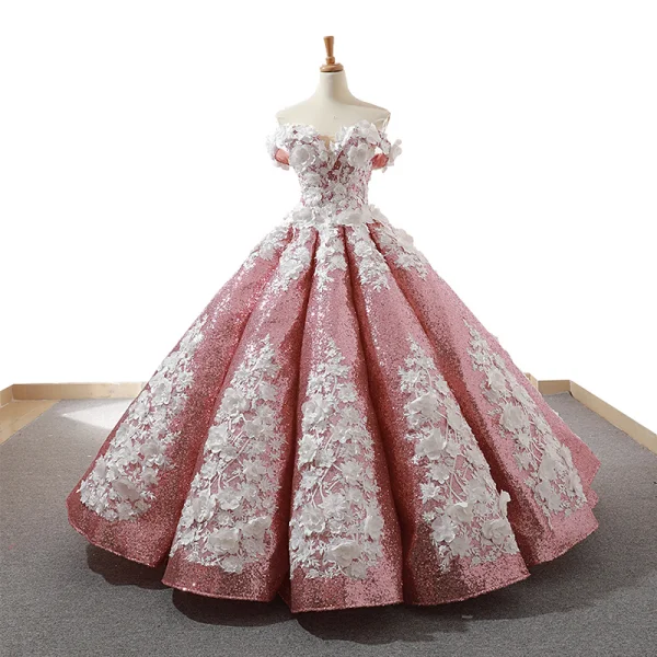 Sparkly Flower Fairy Pool Blue Dancing Prom Dresses 2023 Ball Gown Off-The-Shoulder Short Sleeve Appliques Flower Beading Pearl Floor-Length / Long Ruffle