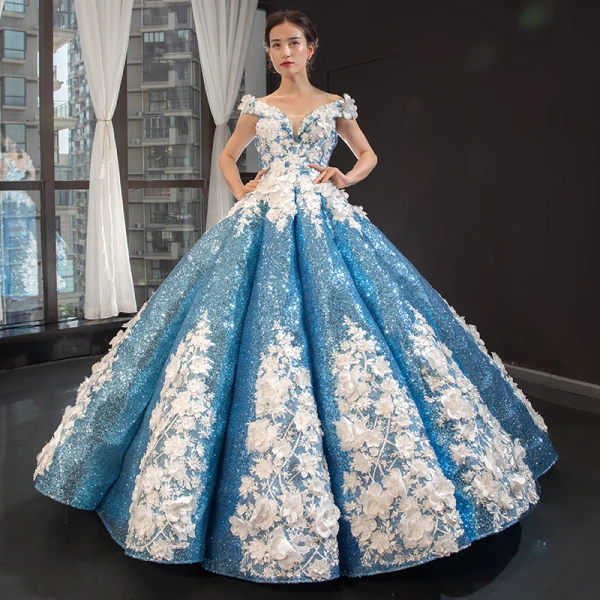 Sparkly Flower Fairy Pool Blue Dancing Prom Dresses 2023 Ball Gown Off-The-Shoulder Short Sleeve Appliques Flower Beading Pearl Floor-Length / Long Ruffle