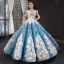 Sparkly Flower Fairy Pool Blue Dancing Prom Dresses 2023 Ball Gown Off-The-Shoulder Short Sleeve Appliques Flower Beading Pearl Floor-Length / Long Ruffle