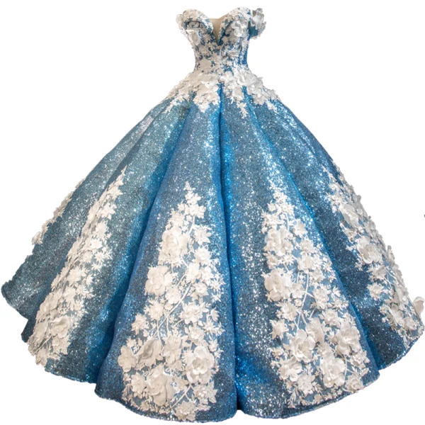 Sparkly Flower Fairy Pool Blue Dancing Prom Dresses 2023 Ball Gown Off-The-Shoulder Short Sleeve Appliques Flower Beading Pearl Floor-Length / Long Ruffle