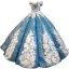 Sparkly Flower Fairy Pool Blue Dancing Prom Dresses 2023 Ball Gown Off-The-Shoulder Short Sleeve Appliques Flower Beading Pearl Floor-Length / Long Ruffle