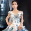Sparkly Flower Fairy Pool Blue Dancing Prom Dresses 2023 Ball Gown Off-The-Shoulder Short Sleeve Appliques Flower Beading Pearl Floor-Length / Long Ruffle