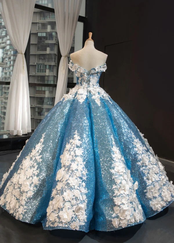 Sparkly Flower Fairy Pool Blue Dancing Prom Dresses 2023 Ball Gown Off-The-Shoulder Short Sleeve Appliques Flower Beading Pearl Floor-Length / Long Ruffle