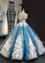 Sparkly Flower Fairy Pool Blue Dancing Prom Dresses 2023 Ball Gown Off-The-Shoulder Short Sleeve Appliques Flower Beading Pearl Floor-Length / Long Ruffle