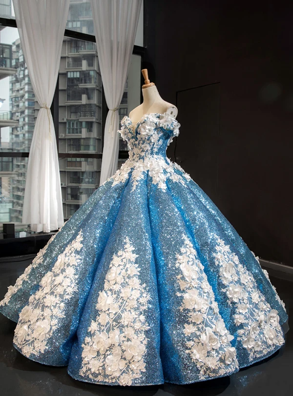 Sparkly Flower Fairy Pool Blue Dancing Prom Dresses 2023 Ball Gown Off-The-Shoulder Short Sleeve Appliques Flower Beading Pearl Floor-Length / Long Ruffle