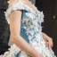 Sparkly Flower Fairy Pool Blue Dancing Prom Dresses 2023 Ball Gown Off-The-Shoulder Short Sleeve Appliques Flower Beading Pearl Floor-Length / Long Ruffle