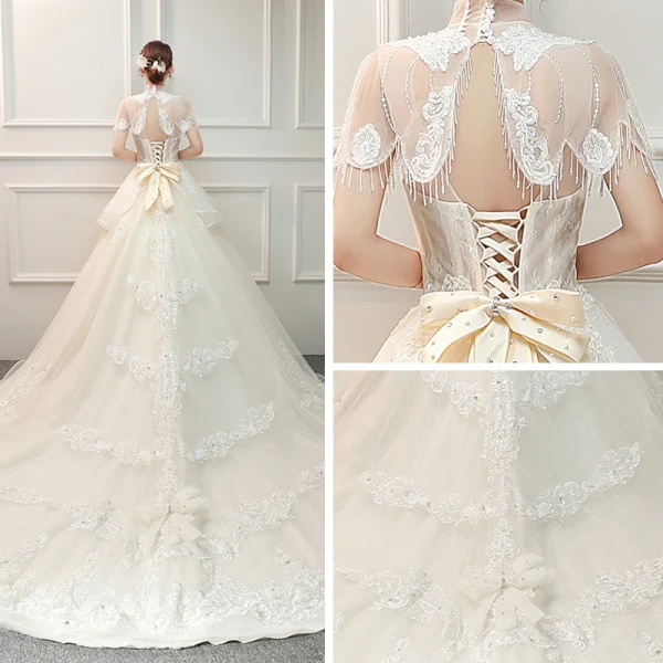 Vintage / Originale Ivoire Transparentes Robe De Mariée 2019 Princesse Col Haut Manches Courtes Dos Nu Appliques En Dentelle Perlage Gland Perle Faux Diamant Cathedral Train