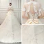 Vintage / Originale Ivoire Transparentes Robe De Mariée 2019 Princesse Col Haut Manches Courtes Dos Nu Appliques En Dentelle Perlage Gland Perle Faux Diamant Cathedral Train