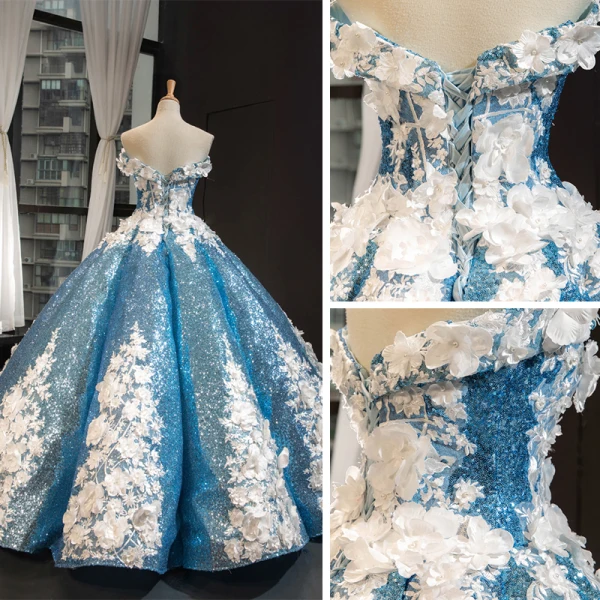 Sparkly Flower Fairy Pool Blue Dancing Prom Dresses 2023 Ball Gown Off-The-Shoulder Short Sleeve Appliques Flower Beading Pearl Floor-Length / Long Ruffle