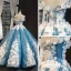 Sparkly Flower Fairy Pool Blue Dancing Prom Dresses 2023 Ball Gown Off-The-Shoulder Short Sleeve Appliques Flower Beading Pearl Floor-Length / Long Ruffle
