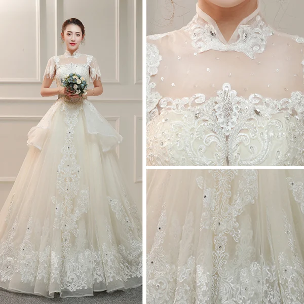 Vintage / Originale Ivoire Transparentes Robe De Mariée 2019 Princesse Col Haut Manches Courtes Dos Nu Appliques En Dentelle Perlage Gland Perle Faux Diamant Cathedral Train